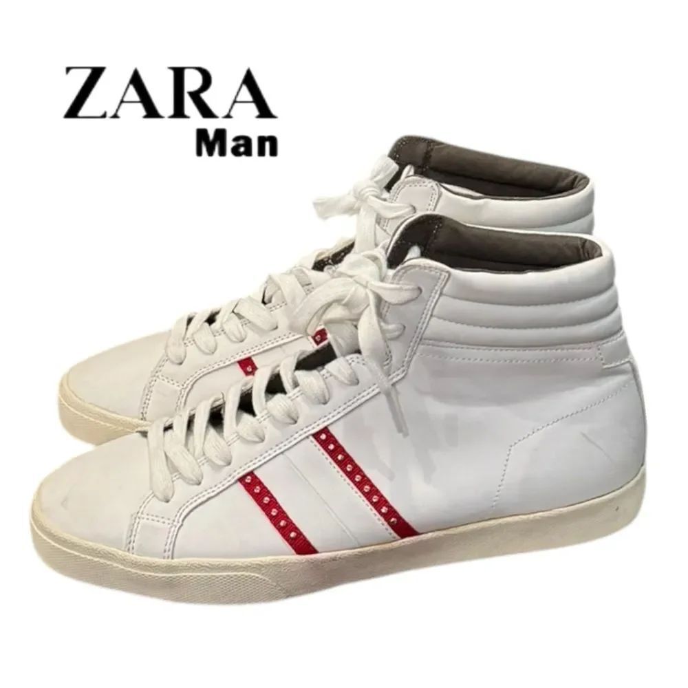ZARA MAN White Red Studded Stripes Lace-up High-Top Sneakers 43
